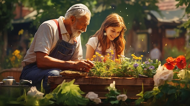 couple de personnes âgées avec petite-fille jardinant en arrière-plan