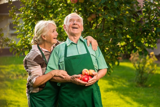 Couple de personnes âgées avec des pommes rire femme et homme joyeux vie en plein air paix et bonheur