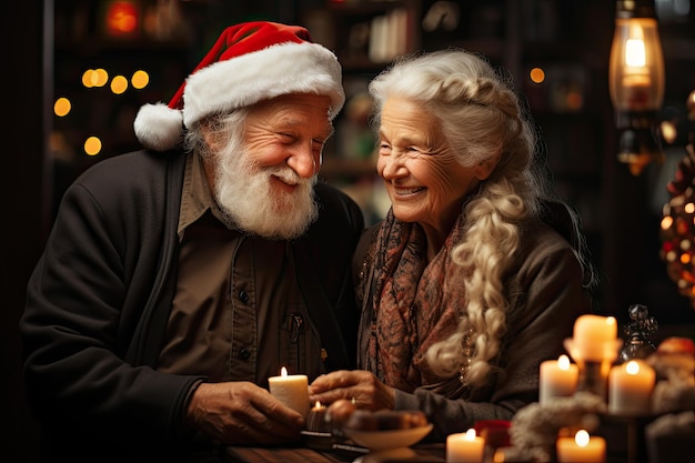 Couple de personnes âgées portant un chapeau de Père Noël célébrant les vacances de Noël avec des bougies