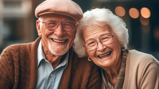 un couple de personnes âgées pose joyeusement pour une photo partageant des sourires