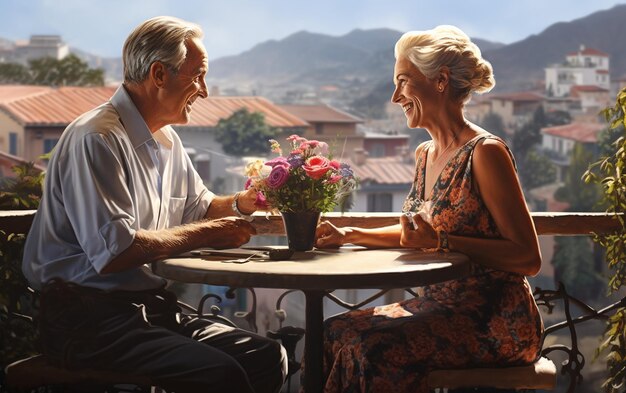 Un couple de personnes âgées prennent un café ensemble