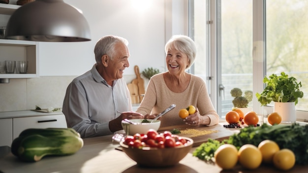 Photo un couple de personnes âgées préparent le petit déjeuner ensemble dans leur cuisine spacieuse