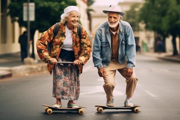 Un couple de personnes âgées profite d'une journée ensoleillée pour faire du skateboard ensemble en ville