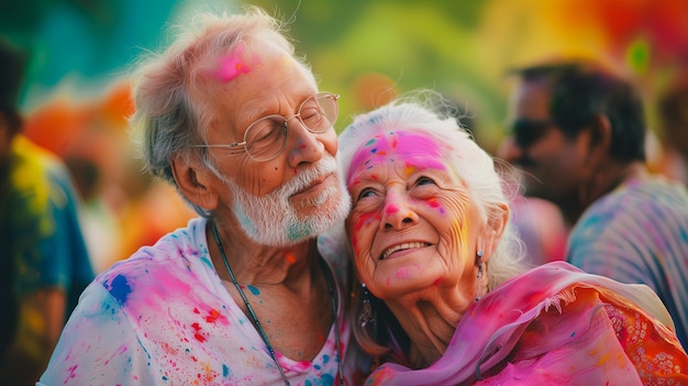 Photo un couple de personnes âgées de race blanche s'embrassent et sont heureux lors de la fête de holi en inde.