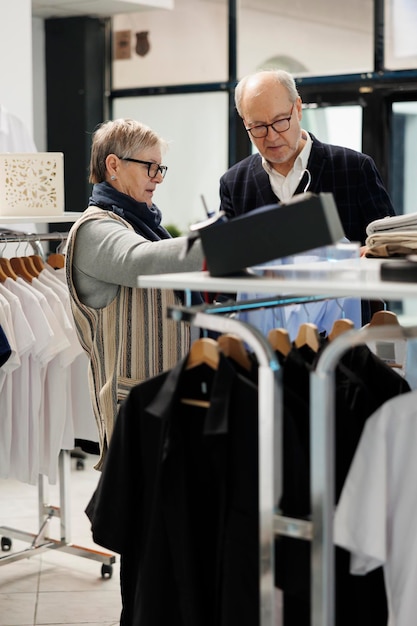 Couple de personnes âgées regardant une chemise bleue élégante analysant le tissu dans un magasin de vêtements, regardant la nouvelle collection de mode. Les Caucasiens achètent des vêtements de cérémonie, achètent des marchandises à la mode