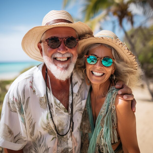 Un couple de personnes âgées à la retraite heureux en vacances, en voyage, en vacances, un homme et une femme âgés souriants.