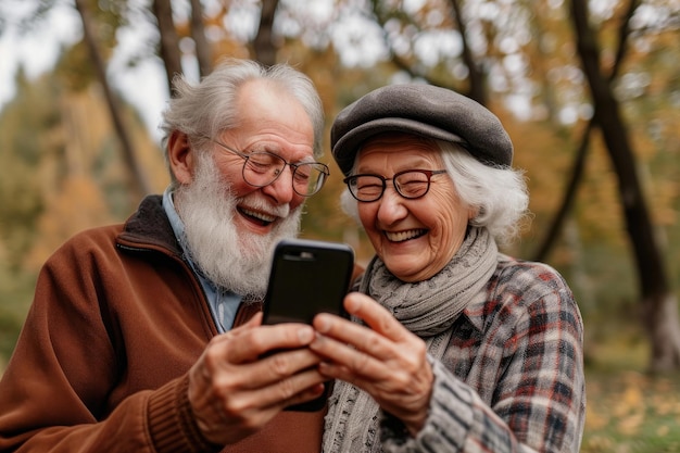 couple de personnes âgées riant en regardant le téléphone dehors