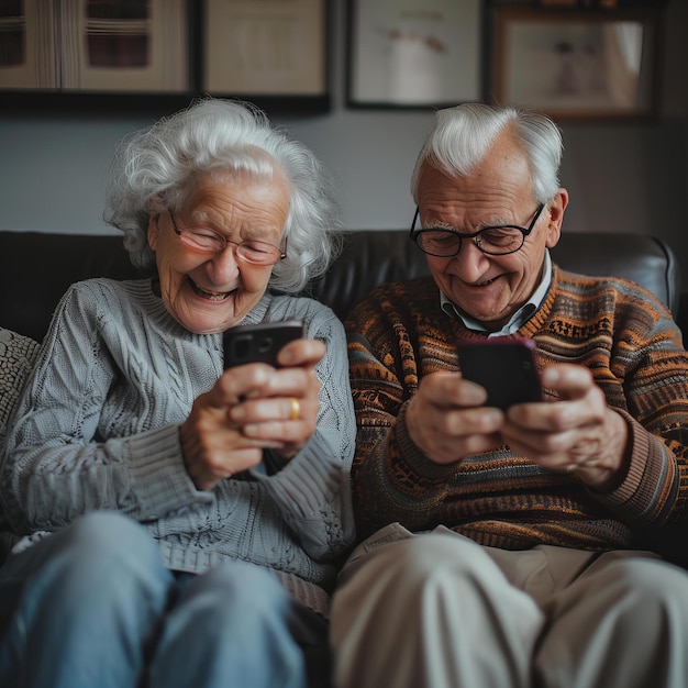 Un couple de personnes âgées rient avec leur smartphone