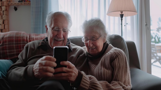 Un couple de personnes âgées rient avec leur smartphone