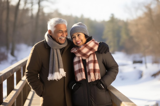 Un couple de personnes âgées s'embrassant et profitant des vacances en hiver