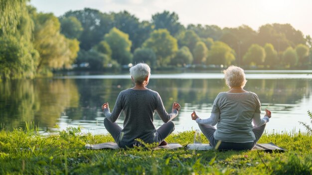 Photo un couple de personnes âgées s'engageant dans un yoga doux s'étend sur une pelouse paisible d'un parc un lac en arrière-plan reflétant le ciel le concept de santé et de camaraderie tout au long de la vie est central
