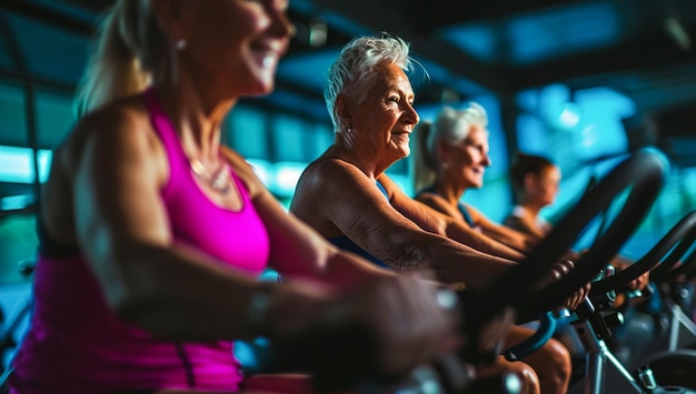 Photo un couple de personnes âgées s'exerce à vélo à l'intérieur d'un gymnase