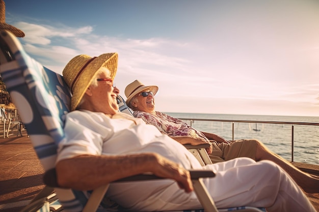 Un couple de personnes âgées se détendent au soleil allongées sur des chaises longues au bord des vacances en voyage aquatique