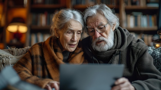 Un couple de personnes âgées se liant sur une tablette numérique dans une bibliothèque confortable partageant des souvenirs et utilisant la technologie AI