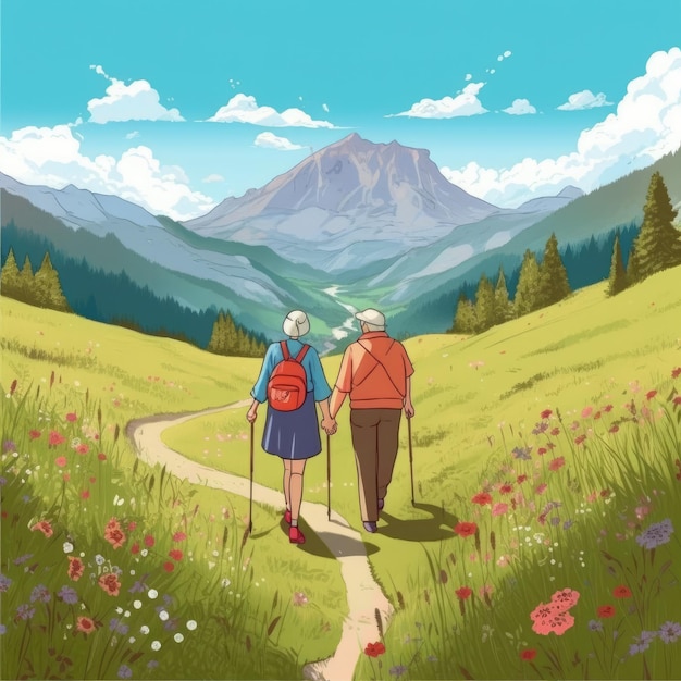 Un couple de personnes âgées se promène dans la prairie des Alpes avec vue Illustration Generative AI