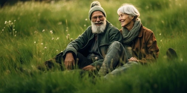 Un couple de personnes âgées se réjouissent en partageant un moment de sérénité sur une prairie générée par l'IA