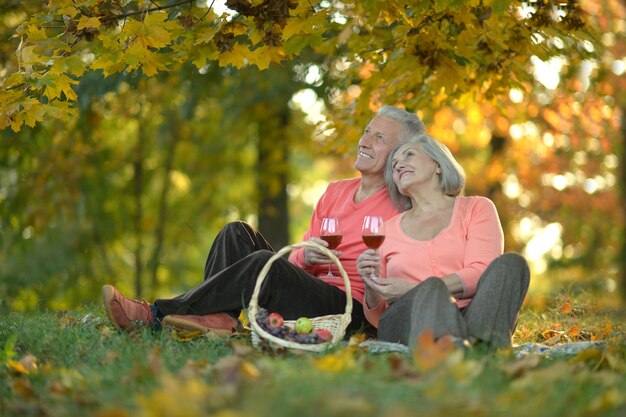 Couple de personnes âgées se reposant au parc d'automne avec de la nourriture de pique-nique