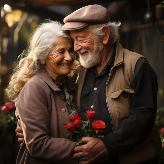 Couple de personnes âgées se tenant romantiquement dans leur jardin de campagne