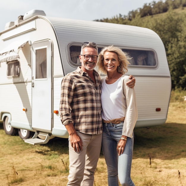 Un couple de personnes âgées se tient à côté d'une maison de camping, d'une caravane de camping et d'un camion-remorque mobile.