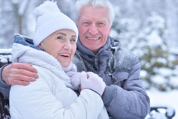 Couple de personnes âgées souriant et se réjouissant en hiver glacial