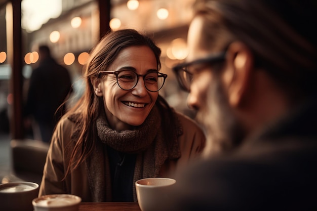 Photo un couple de personnes âgées souriants buvant du café dans une ville nocturne