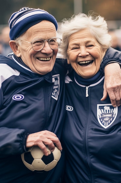 Un couple de personnes âgées sourient et applaudissent l'équipe sportive deux fans rient et célèbrent la victoire de l'équipe les retraités sourient avec enthousiasme pour l'équipe de football