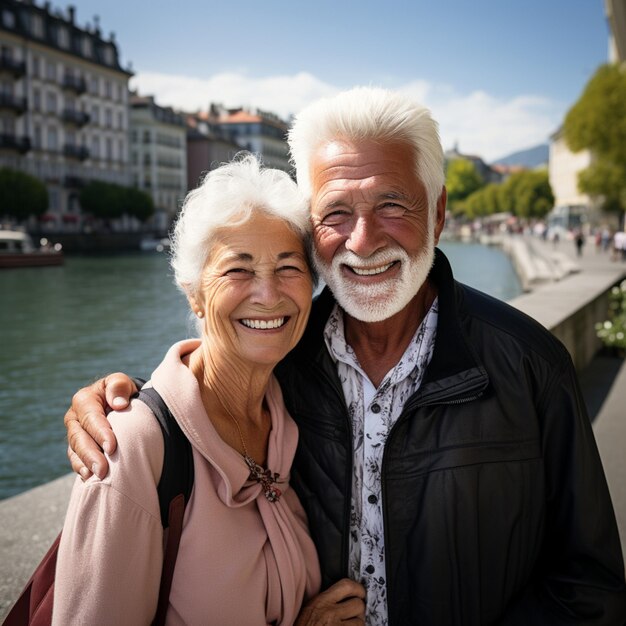 Photo un couple de personnes âgées sourit à la caméra alors qu'ils se tiennent devant la ville européenne.