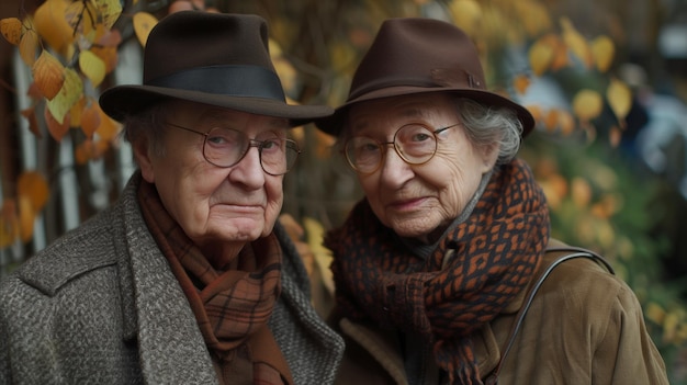 Un couple de personnes âgées en tenue d'automne en plein air