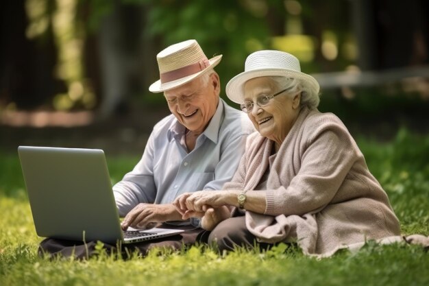 Couple de personnes âgées utilisant un ordinateur portable Couple de personnes âgées à la retraite utilisant un ordinateur portable à l'extérieur AI générative