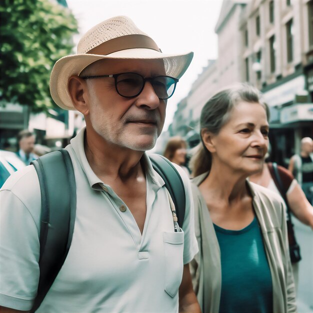 Photo un couple de personnes âgées en visite dans une ville ia générative