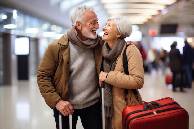 Couple de personnes âgées voyageant avec des valises à l'aéroport Générative ai