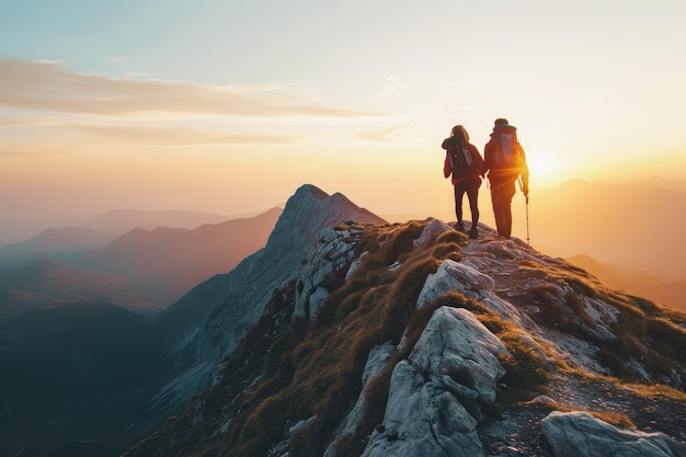 Un couple de personnes debout au sommet d'une montagne profitant d'une vue panoramique à couper le souffle Un beau lien d'amitié affiché lors d'une randonnée en montagne difficile AI généré