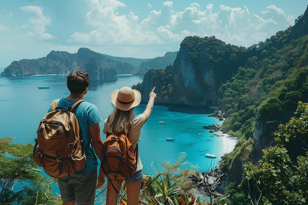 Photo un couple de personnes debout au sommet d'une montagne