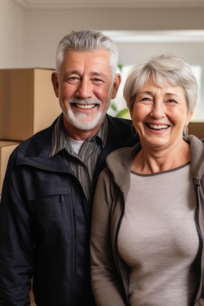 Un couple de personnes matures homme et femme sourient à la caméra pour le portrait de famille pendant l'hypothèque avec beaucoup de boîte de carton en arrière-plan heureux pour la nouvelle maison louée ou achetée propriété maison d'affaires