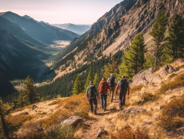 Un couple de personnes avec des sacs à dos en randonnée dans les montagnes en plein air