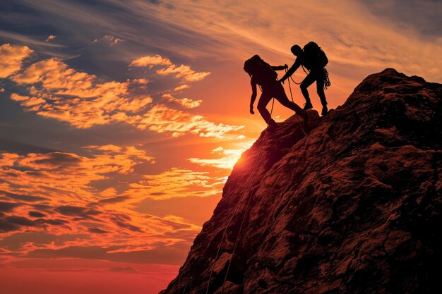 Un couple de personnes sans peur escalade le terrain accidenté d'une montagne un duo escalade une montagne avec l'un aidant l'autre à atteindre le sommet généré par l'IA