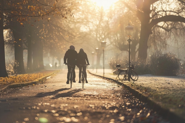 Un couple de personnes à vélo dans une rue.