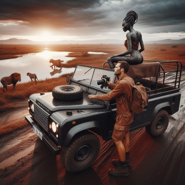 couple photographe journaliste indépendant voyage Afrique en jeep vintage photographie lion coucher de soleil sur le lac
