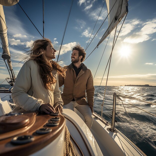 Photo un couple photoréaliste à l'arrière d'un bateau