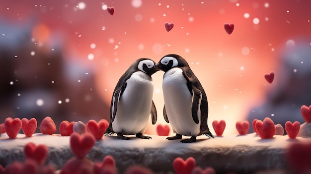 Un couple de pingouins amoureux avec des cœurs et des ballons en forme de cœur en arrière-plan Jour de la Saint-Valentin IA générative