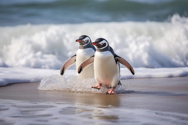 Un couple de pingouins sur le rivage dans les vagues de l'océan Atlantique