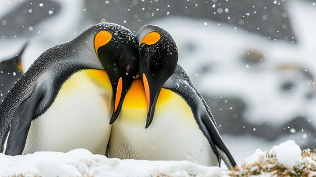 Photo un couple de pingouins royaux s'accouplent dans la nature sauvage, la neige et la glace.