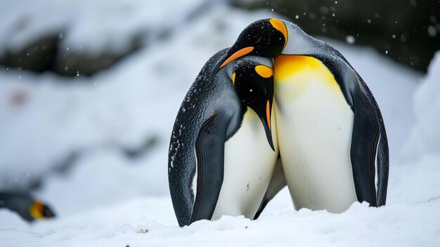 Photo un couple de pingouins royaux s'accouplent dans la nature sauvage, la neige et la glace.