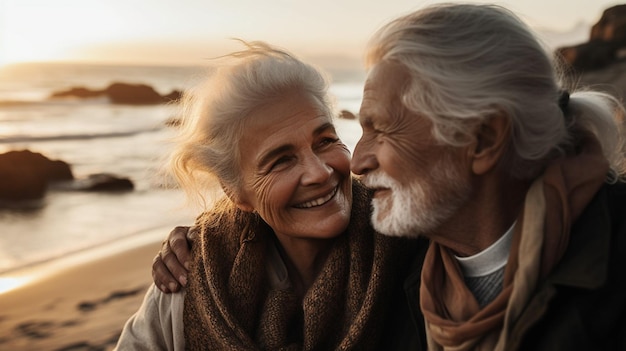 Un couple sur une plage avec un coucher de soleil en arrière-plan