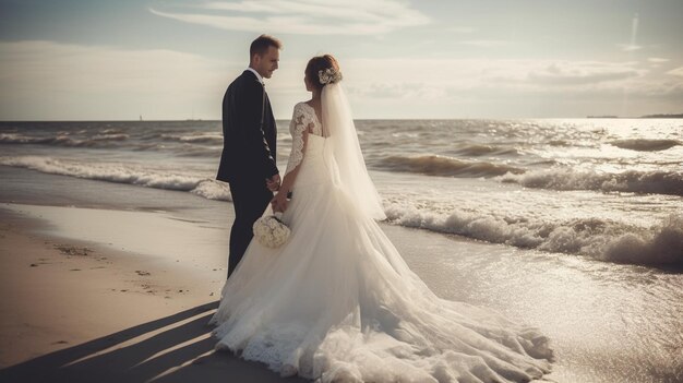 Un couple sur une plage face à la mer