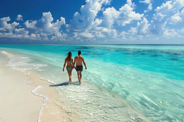 Un couple sur une plage tropicale aux Maldives