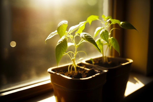 Couple de plantes en pot posées sur le rebord de la fenêtre Generative AI