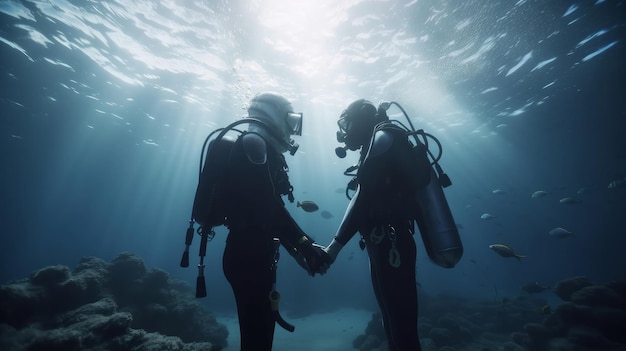 Un couple de plongeurs amoureux se tenant la main et se regardant sous la mer Generative ai