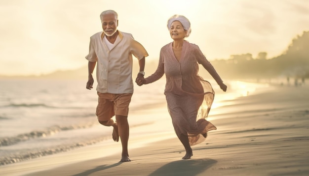 Un couple plus âgé courant sur la plage vêtements modernes thaïlandais