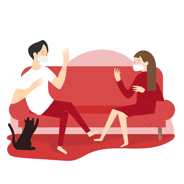 Un couple portant des masques et gardant une distance physique dans leur propre maison élément transparent png